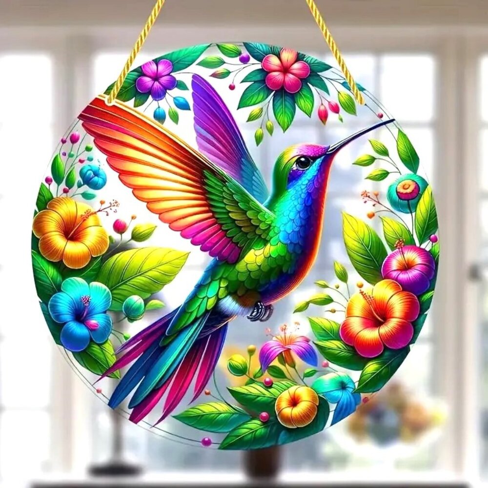 Hummingbird Suncatcher Flower Garden Bird Hanging Colorful In/Outdoor Window